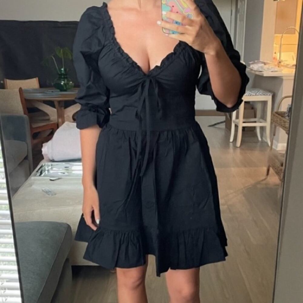 Hill House Samantha Cotton Long 3/4 Sleeve V Neck Ruffle A Line Mini Dress Black